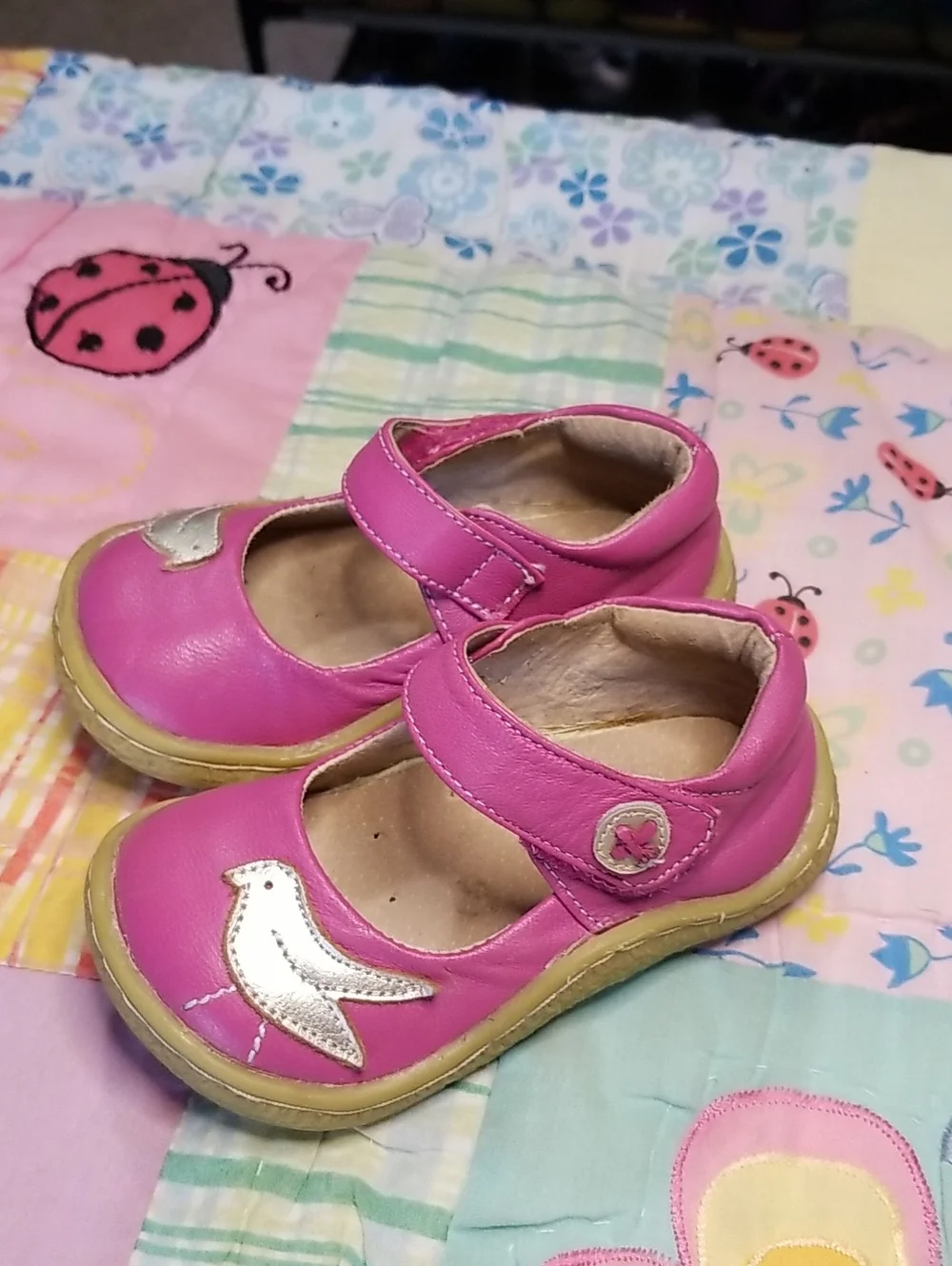Livie & Luca Hot Pink Leather Mary Jane Shoes W/Silver Leather Bird Size 5 Pio